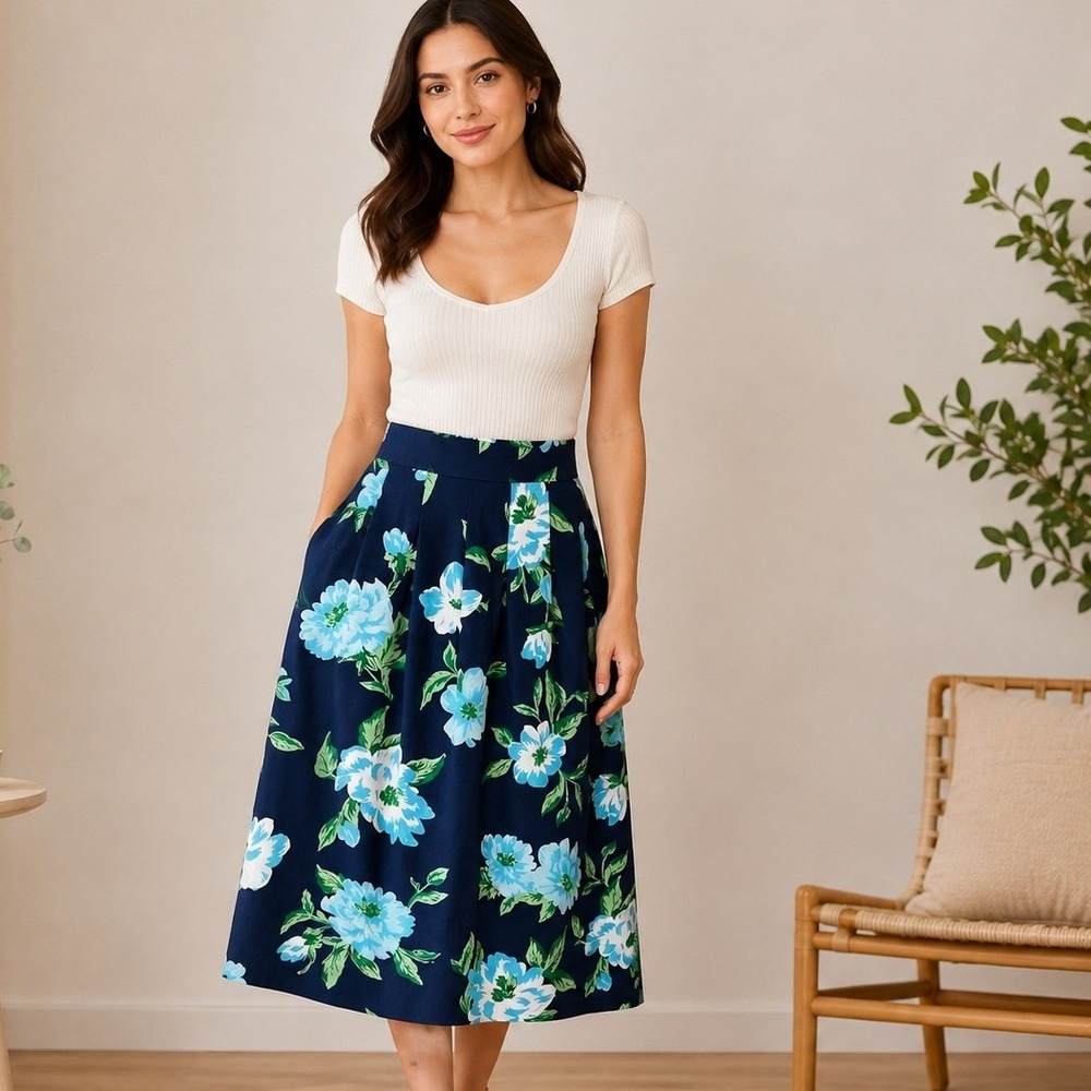 NWT Talbots A Line Skirt Sz 14 Blue Floral Cotton Pleated Pockets Midi Preppy